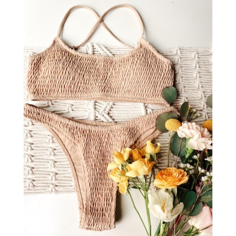 5⭐RATED Tan Smocked Two Piece Cheeky Bikini